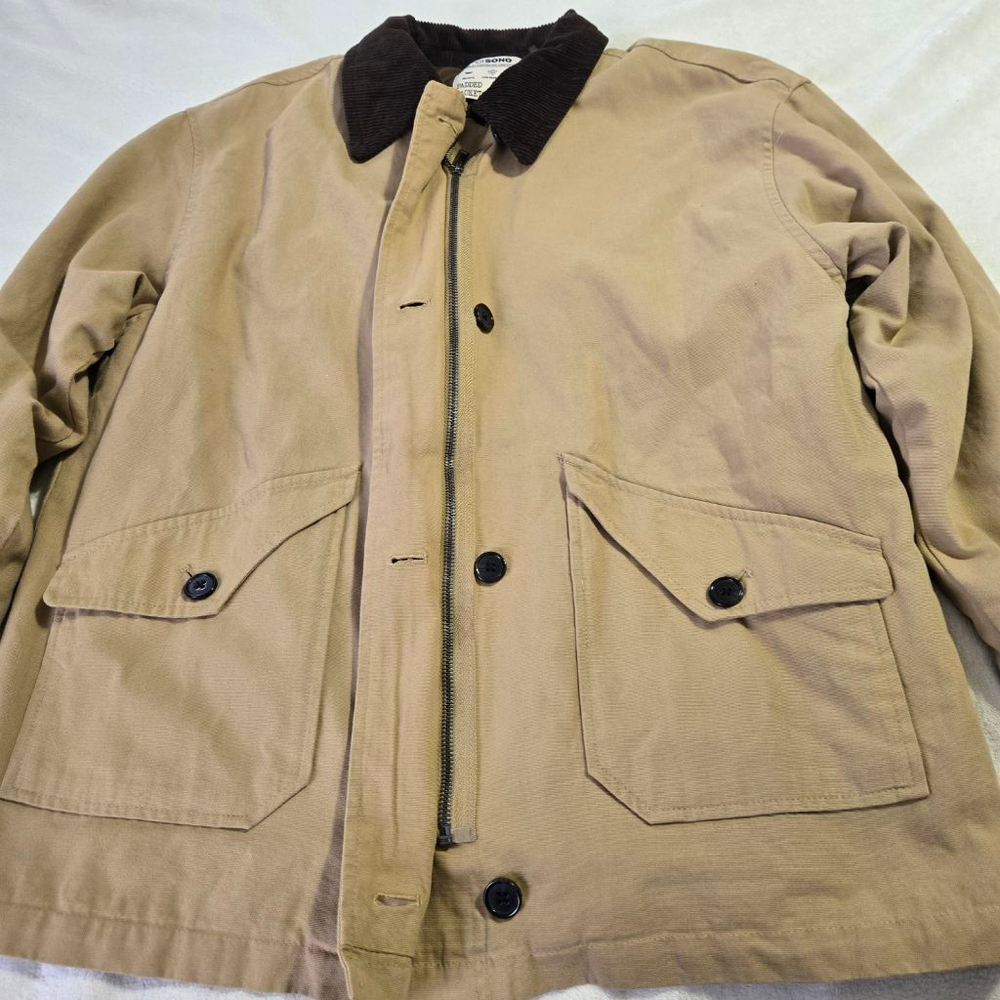 Women's CISONO Khaki Padded Utility Barn Jacket with Brown Corduroy Collar Sz S - Picture 9 of 14
